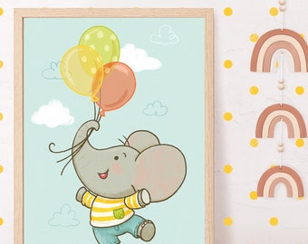 Picture for the children's room, elephant with balloons, clouds, baby room poster, animal pictures, stars,