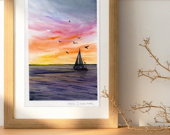 Sea with Sunset and Sailboat Original Watercolor Artwork Wall Art Ocean
