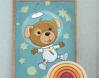 Picture for the children's room, dog in space, baby room poster, animal pictures, stars,