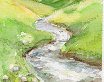 Landscape with Mountains and Creek Original Watercolor Landscape Artwork Wall Art Holiday