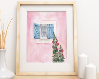 Flower Mallow Hollyhock in front of pink house wall Original watercolor artwork wall art