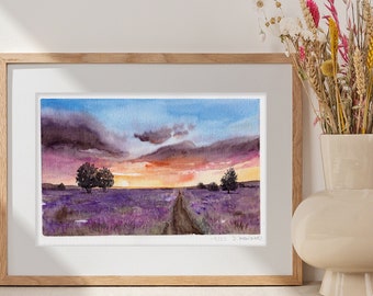 Field at Sunset Original Watercolor Artwork Nature Wall Art Clouds Sky