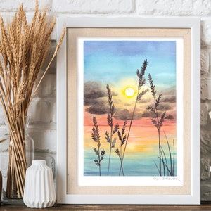 Meer mit Sonnenuntergang Original Aquarell Kunstwerk Wandkunst Ozean Bild 1