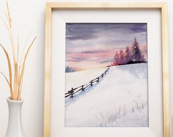 Winter Landschaft mit  Schnee Original Aquarell groß Kunstwerk Wandkunst Abendrot