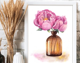 Pink peonies in vase, original watercolor artwork, wall art with floral motif, vintage, retro, glass bottle