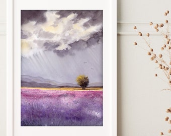 Field with purple flowers and clouds original watercolor artwork nature wall art rain sky
