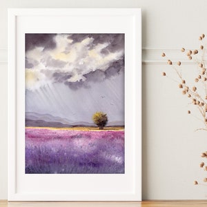 Feld mit lila Blumen und Wolken Original Aquarell Kunstwerk Natur Wandkunst Regen Himmel Bild 1