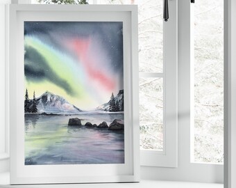 Polarlichter über See Winterlandschaft Original Aquarell groß Kunstwerk Wandkunst
