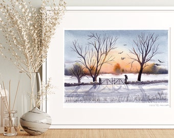 Winter Landscape with Mist Lake Forest and Birch Original Watercolor Large Artwork Wall Art