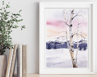 Winter Landschaft mit Schnee Wald und Birke Original Aquarell groß Kunstwerk Wandkunst