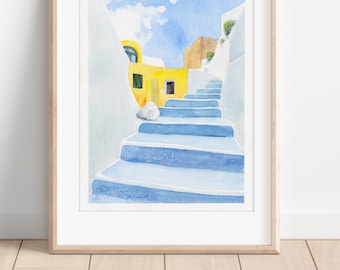 Santorini Gelb und Blau, Original Aquarell Kunstwerk, Wandkunst mit Landschaft Griechenland