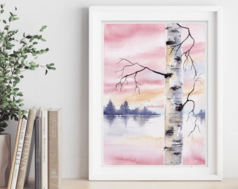 Winter Landscape with Lake Forest and Birch Original Watercolor Large Artwork Wall Art