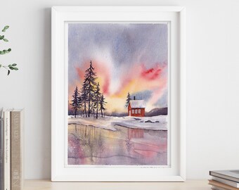 Winter Landscape with Snow Original Watercolor Large Artwork Wall Art Sunset