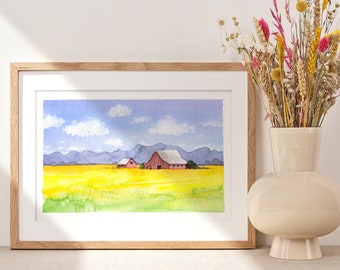 Field in summer with house and mountains Original watercolor landscape artwork wall art