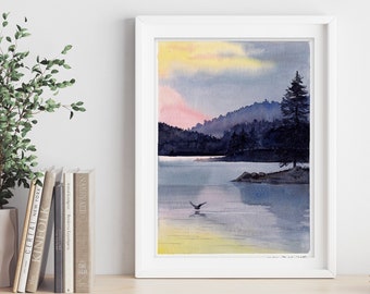 Winter Landscape with Lake Original Watercolor Large Artwork Wall Art Sunset