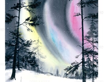 Polarlichter mit Wald Winter Landschaft Original Aquarell groß Kunstwerk Wandkunst