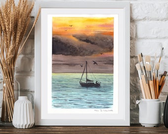 Sea with Sunset Glow and Sailboat Original Watercolor Large Artwork Wall Art Ocean Vacation Summer