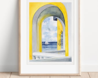 Landscape with sea, Original watercolor artwork, wall art with landscape Greece