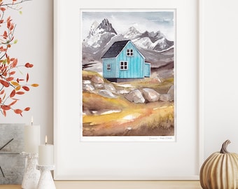 Mountains with Hut Original Watercolor Artwork Rocks Fjell Nature Wall Art Ocean