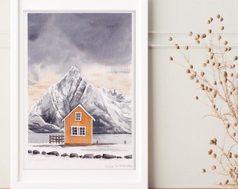 Yellow house with mountains, original watercolor artwork, wall art with landscape nordic