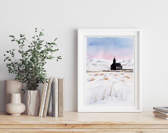 Winter Landschaft in Island mit  Kirche und Berge Original Aquarell groß Kunstwerk Wandkunst