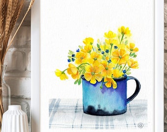 Tasse Strauß mit gelben Blumen, Original Aquarell Kunstwerk, Wandkunst mit floralem Motiv, vintage, retro