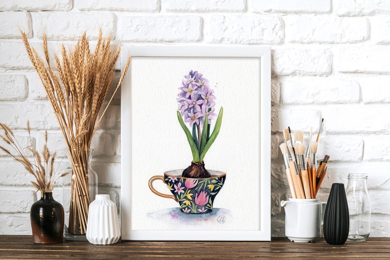 Hyacinth in cup with floral pattern, original watercolor artwork, wall art with floral motif, vintage, retro image 1