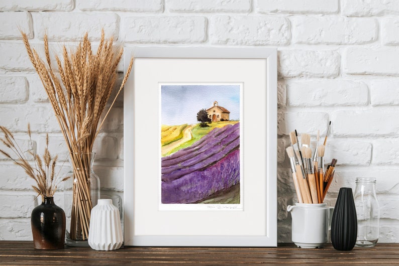 Lavender Field with Small Chapel Original Watercolor Landscape Artwork Wall Art image 1