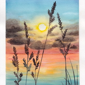 Meer mit Sonnenuntergang Original Aquarell Kunstwerk Wandkunst Ozean Bild 2