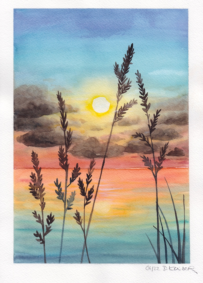 Meer mit Sonnenuntergang Original Aquarell Kunstwerk Wandkunst Ozean Bild 2