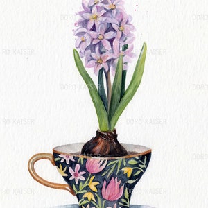 Hyacinth in cup with floral pattern, original watercolor artwork, wall art with floral motif, vintage, retro image 2