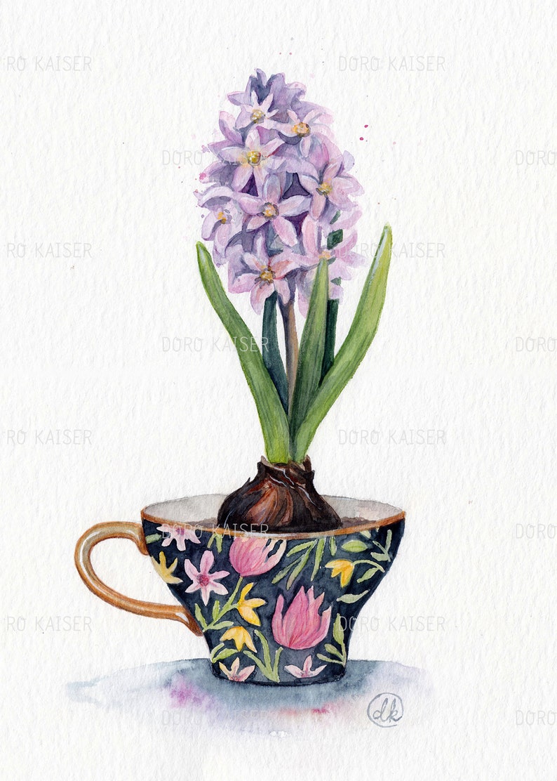 Hyacinth in cup with floral pattern, original watercolor artwork, wall art with floral motif, vintage, retro image 2