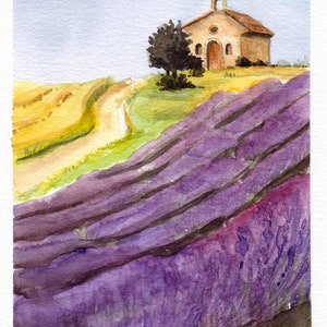 Lavendelfeld mit kleiner Kapelle Original Aquarell Landschaft Kunstwerk Wandkunst Bild 2