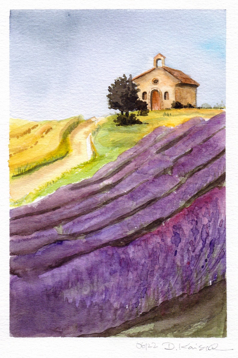 Lavender Field with Small Chapel Original Watercolor Landscape Artwork Wall Art image 2