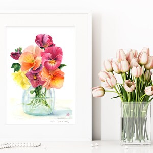 Strauss Blumen in Retro Glas Vase, Stiefmütterchen, Original Aquarell Kunstwerk, Wandkunst mit floralem Motiv, Vintage Bild 2