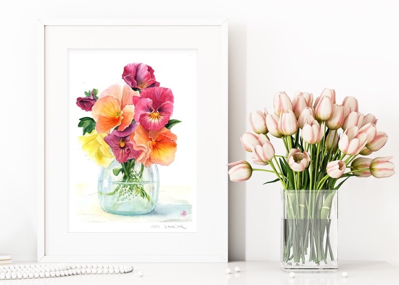 Bouquet of flowers in retro glass vase, pansies, original watercolor artwork, wall art with floral motif, vintage image 2