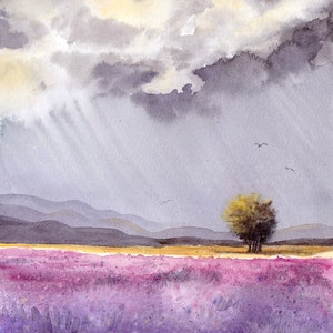 Feld mit lila Blumen und Wolken Original Aquarell Kunstwerk Natur Wandkunst Regen Himmel Bild 2