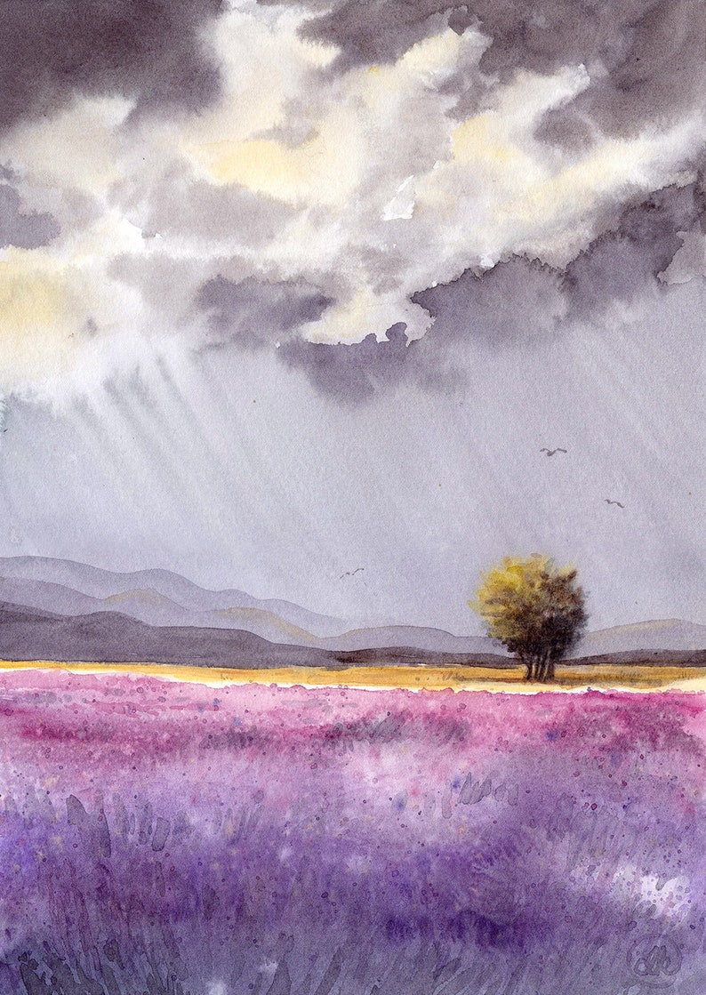 Feld mit lila Blumen und Wolken Original Aquarell Kunstwerk Natur Wandkunst Regen Himmel Bild 2