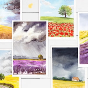 Lavender Field with Small Chapel Original Watercolor Landscape Artwork Wall Art image 3