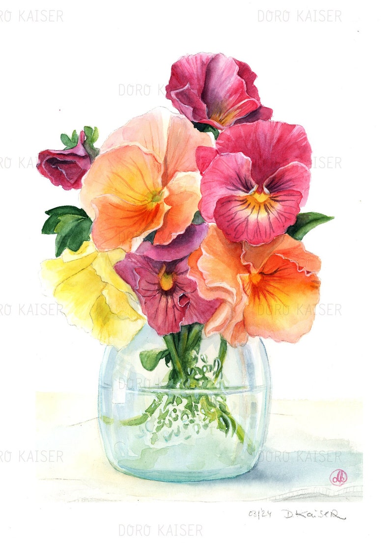 Strauss Blumen in Retro Glas Vase, Stiefmütterchen, Original Aquarell Kunstwerk, Wandkunst mit floralem Motiv, Vintage Bild 1