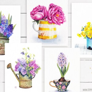 Bouquet of flowers in retro glass vase, pansies, original watercolor artwork, wall art with floral motif, vintage image 3