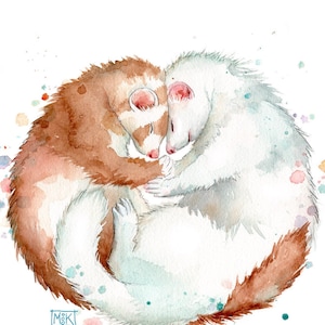 Ferret Art Watercolor Print, Ferret Gift, Ferret Lover Art, Cute Ferrets Hugging Art Print