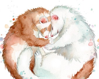 Ferret Art Watercolor Print, Ferret Gift, Ferret Lover Art, Cute Ferrets Hugging Art Print