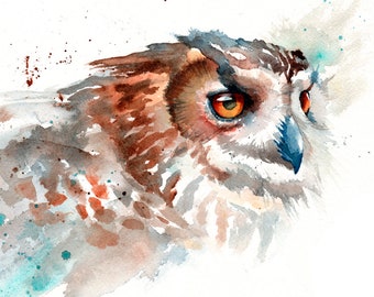 Impression cadeau aquarelle hibou, impression hibou aigle, cadeau pour amoureux des hiboux, décor nature