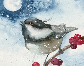 Chickadee Bird Print, Chickadee Art Print, Winter Bird Giclee Print, Chickadee with Berries and Snowy Winter Moon Print, Bird Lovers Gift.