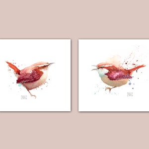 Carolina Wren set of 2 Prints, Bird Pair Prints, Wren Lovers Gift, Wren Painting 6 x 6 inches