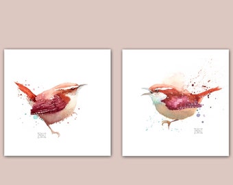 Carolina Wren set of 2 Prints, Bird Pair Prints, Wren Lovers Gift, Wren Painting 6 x 6 inches