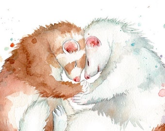 May include: Watercolor painting of two ferrets, one brown and white, the other white, curled together in a loving embrace. Soft watercolor splatters in pastel colors surround the ferrets, creating a gentle and whimsical feel.