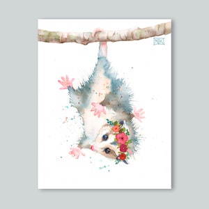 Baby Possum Hanging with Flower Crown Print, Girls Room Nursery Animal Flower Crown Watercolor, Opossum Lovers Gift