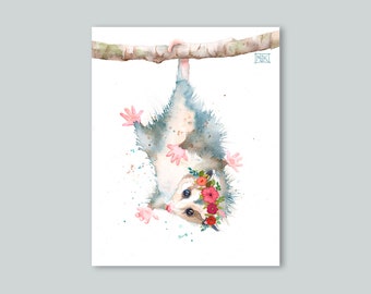 Baby Possum Hanging with Flower Crown Print, Girls Room Nursery Animal Flower Crown Watercolor, Opossum Lovers Gift